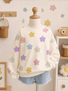 奶油白可愛甜美刺繡花卉圖案女款休閒簡約加厚柔軟舒適圓領套頭運動衫，適合秋冬日常穿著，秋季氛圍，冬季時尚，南瓜季，萬聖節 - 彩色 - 查看 2