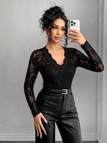 SHEIN Raffinéa Women's Elegant Sexy V-Neck Lace Long Sleeve T-Shirt - Black - View 6
