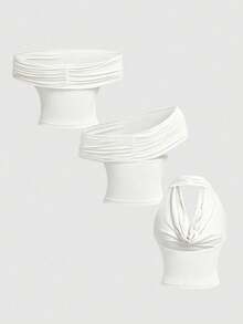 SHEIN MOD Paquete de 3 camisetas sin mangas asimétricas de un solo hombro con cuello halter para mujer - Multicolor - Ver 3