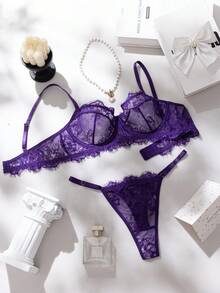 SHEIN 2件組玫瑰紅成熟性感風蕾絲拼接內衣套裝 - 紫色 - 查看 3