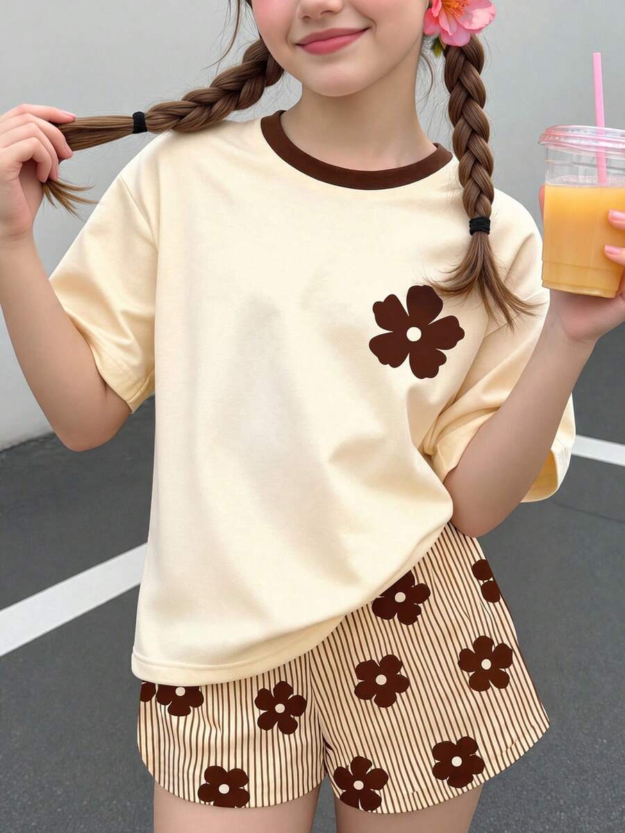 Tween Girl Casual Minimalist American Vintage Yellow & Brown Colorblock Striped, Cute Polka Dot & Floral Print, Vacation Style, Short Sleeve & Shorts 2-Piece Set, Suitable For Summer, Cozy Spring And Summer Styles, Graphic, Kawaii - Multicolor - View 1