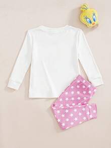 LOONEY TUNES X SHEIN Baby Girl Cartoon Print Top & Star Print Leggings Snug Fit Loungewear - White - View 2