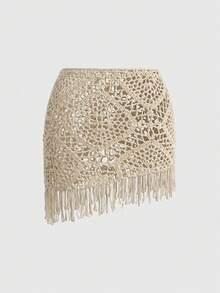 ROMWE Avant Beach Wear Summer Outfits Plus Size Women's Tassel Hem Waist Tie Knit Skirt - Apricot - View 2