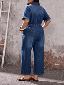 EMERY ROSE EMERY ROSE Plus Size Fashion Button Short Sleeve Pocket Denim Jumpsuit,Halloween Vacation Outfits Dates Vacation Blue Summer Normal Traditional - Blue - View 2