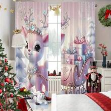 2 Pieces Of Modern Jacquard Polyester Door Curtains, With A Pink Reindeer Christmas Theme, Featuring Insulated Rods And A Bag-Style Curtain, Suitable For Bedrooms And Living Rooms. They Can Be Machine-Washed And Include A Festive Home Decor Lining. - Multicolor - View 4