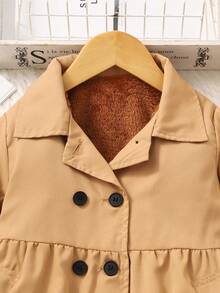 SHEIN Elladie kids 1件少女冬季大衣，卡其色，保暖內裡，風衣領，雙排扣，時尚夾克，適合日常休閒穿著 - 卡其色 - 查看 4