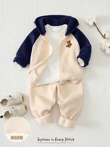 Cozy Pixies Young Boys Hoodie & Sweatshirt Co-Ords Cartoon Bear Pattern Color Block Raglan Long Sleeve Winter Jacket Elastic Waist Long Pants 2-Piece Set Fleece Lined Brushed Thick Style Suitable For Winter - Multicolor - View 9