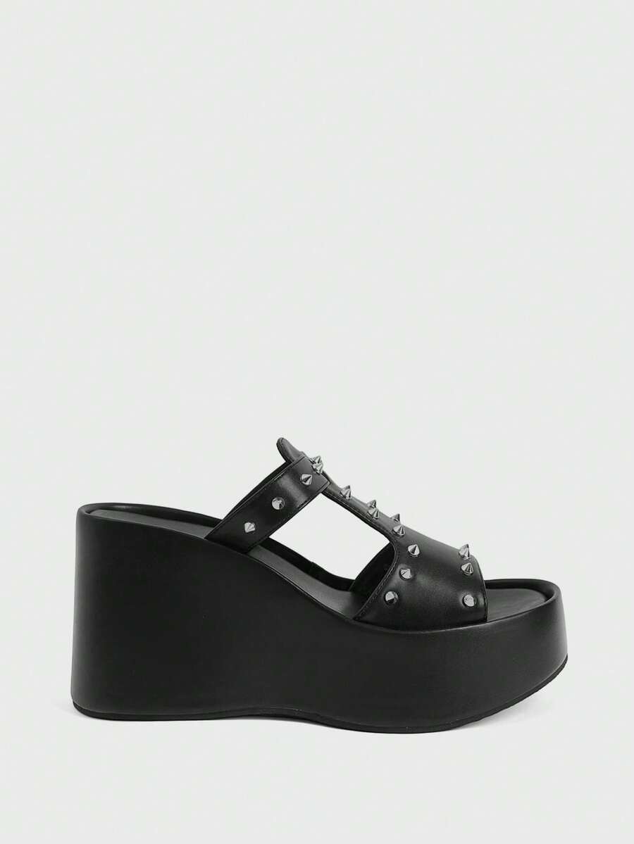 Sugerpunk Ladies Diablo Punk Style Nails Open-Toed Thick-Soled Height Enhancement Fashion Versatile Sandals - Black - View 1