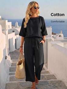 Faunlyn Women's Vacation Casual Basic Solid Color Shirt Pants 2 Pieces Set Cotton-Lin Brunch Black Summer - Black - View 2