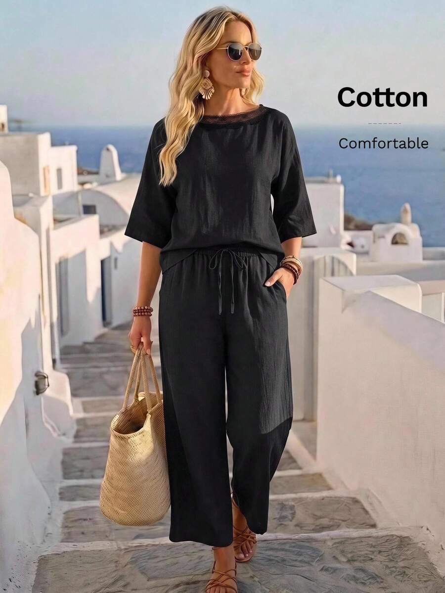 Faunlyn Women's Vacation Casual Basic Solid Color Shirt Pants 2 Pieces Set Cotton-Lin Brunch Black Summer