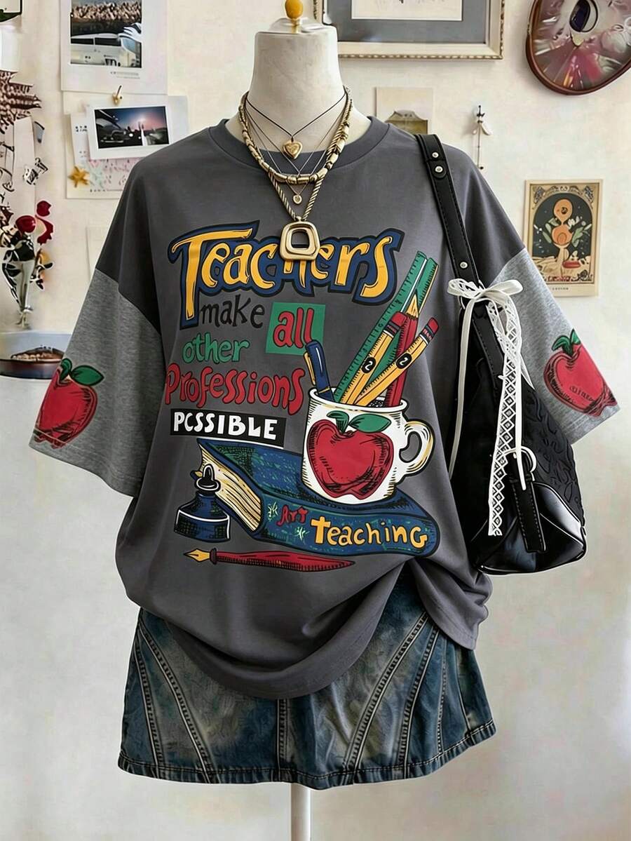 Lalippa 教師節圖案數位印花時尚極簡風女款大尺碼長版圓領落肩T恤好友禮物 - 彩色 - 查看 1