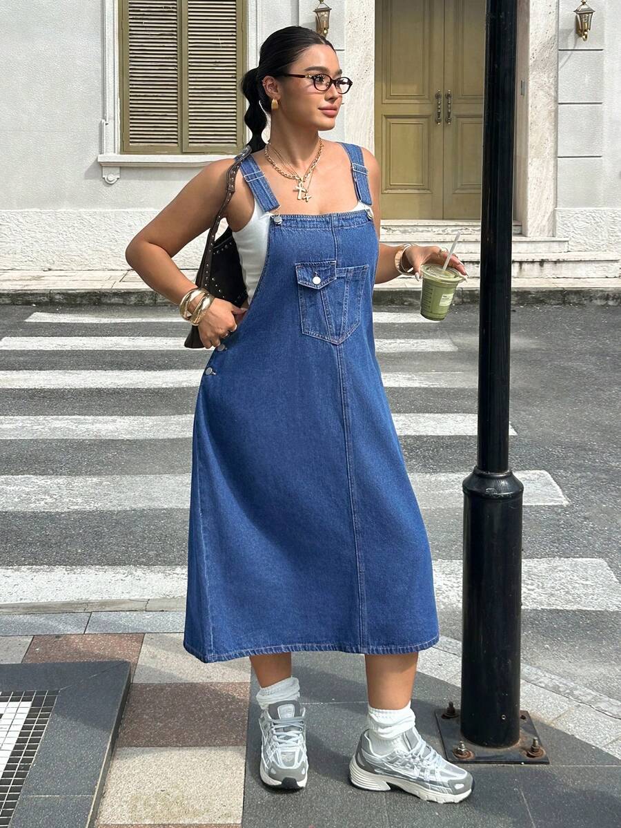 Rivivi Plus Size Women's Casual Everyday Denim Overall Dress With Pockets - Dark Wash - View 1