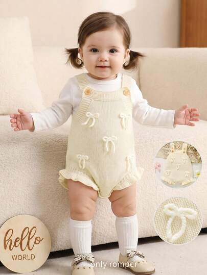 SHEIN 1pc Sweet Style Baby Sweater Romper, White Spaghetti Strap Dress With Pink Bow And Ruffle Trim