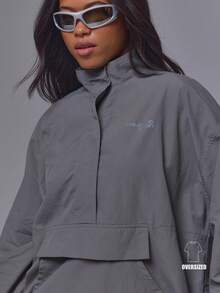 Musera Sport Grey High Neck Loose Fit Front Flap Loose Oversized Fit Drawstring Cinched Waist Nylon Sport Jacket Pilates Fitness Daily Casual Everyday Void - Dark Grey - View 2