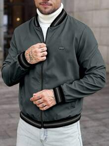 Manfinity CasualCool 男士條紋長袖前拉鍊休閒棒球夾克 - 深灰色 - 查看 1