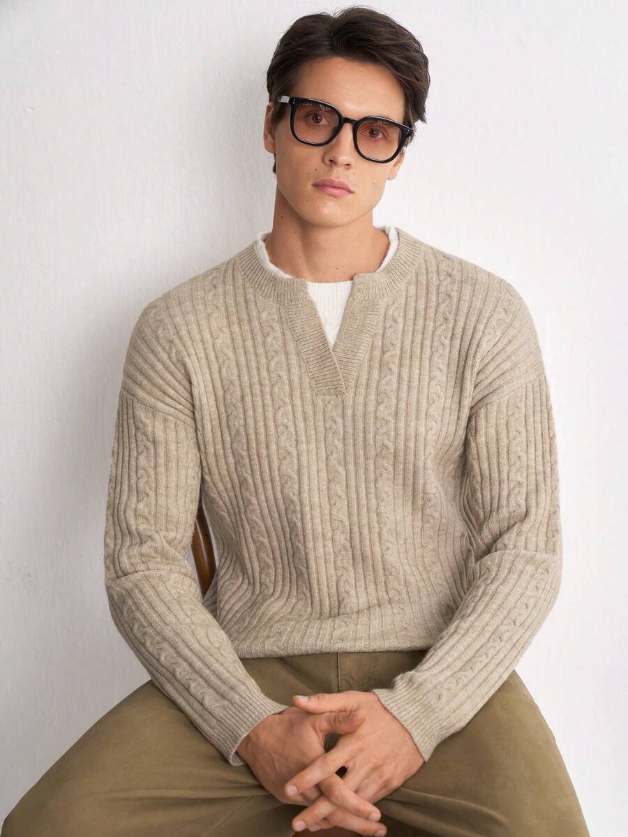 Manfinity CasualKnits Men's Small V-Neck Cable Knit Long Sleeve Pullover Sweater,Autumn, Oatmeal Color,Minimalist Commute Versatile New Lazy Soft Slimming Vertical Ribbed - Khaki - View 1