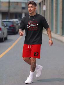 Sorvial 男士夏季休闲数字印花短袖 T 恤和短裤两件套 - 彩色 - 查看 3