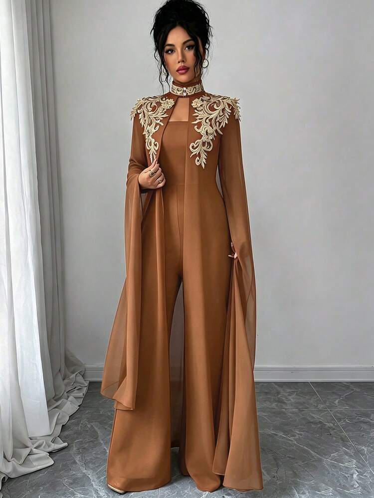 Elenzga Women's Gold Lace Trim Jumpsuit 2 Pieces Set | SHEIN USA