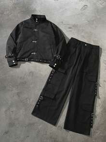 PAVTROS Men's Casual Daily Set With Long Sleeve Jacket And Pants With Buckle - Black - View 1