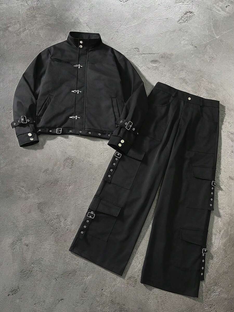 PAVTROS Men's Casual Daily Set With Long Sleeve Jacket And Pants With Buckle - Black - View 1