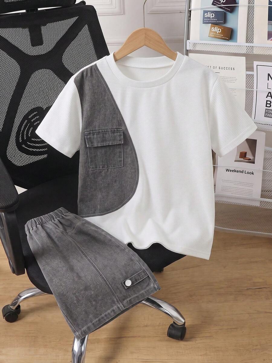 SHEIN Genkimix Kids Boys' Summer Washed Versatile Fashion Casual Comfortable Loose Design, Elastic Waist Straight Leg Mid-Blue Washed Denim Knit Patchwork Shorts Set - Grey - View 1