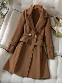 SHEIN Elladie kids 1件女童大衣，秋季服飾，雙面穿搭，優雅風格，中長版，適合秋冬，長袖，休閒舒適，日常穿著 - 棕色 - 查看 6