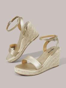 Styleloop Ladies Commuter Leisure Vacation Versatile Solid Color Lace-Up Wedge Sandals, Bohemian Style, Travel Essentials, Summer Wear, Holiday Atmosphere - Gold - View 4