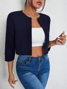 SHEIN Essnce جاكيت خفيف الوزن مفتوح من الأمام بلون موحد للخريف/الشتاء - أزرق بحري - مشاهدة 1