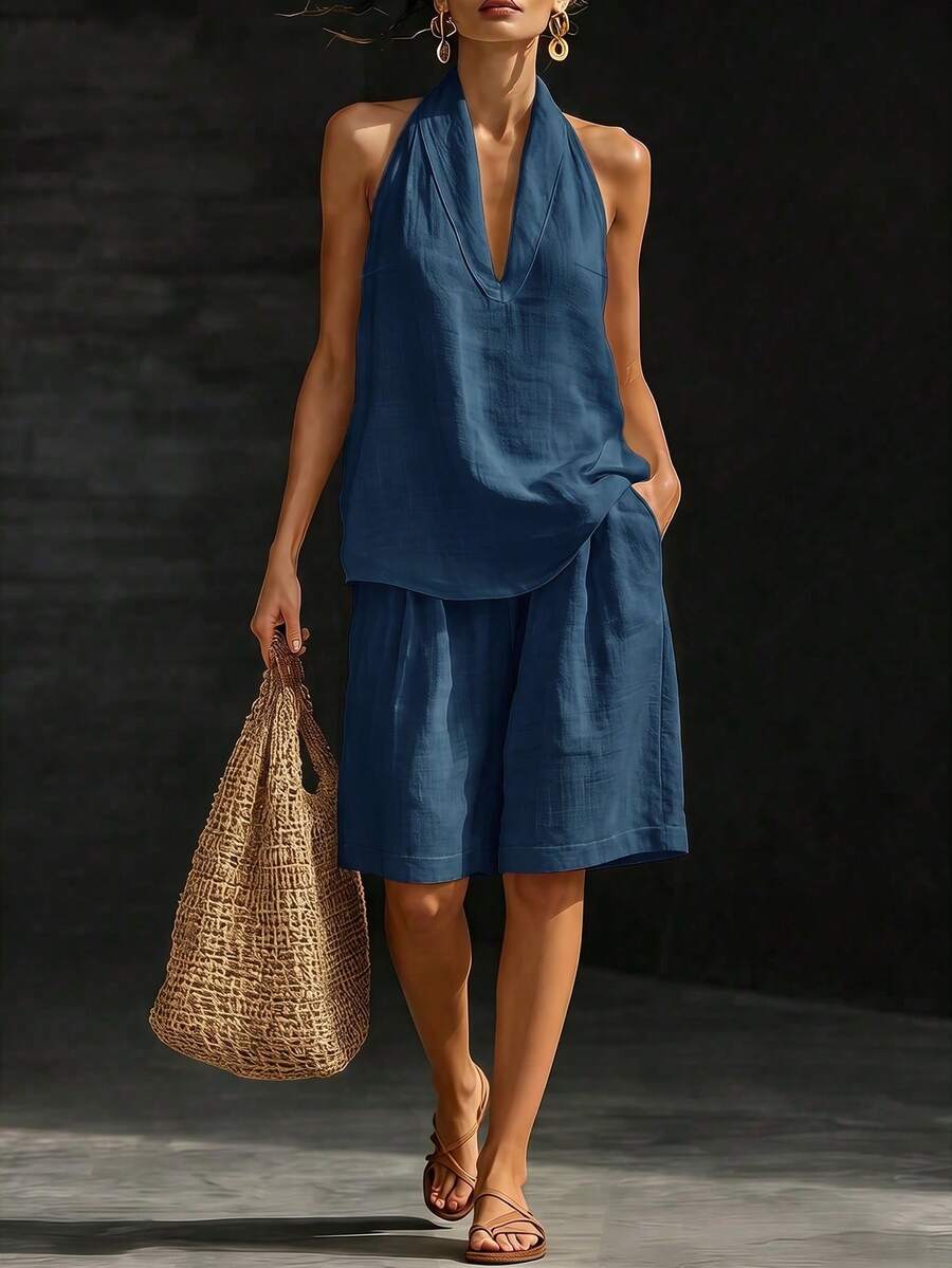 SHEIN Holidaya Conjunto de 2 piezas con textura de bambú color albaricoque, cuello en V, solapa, cintura ceñida, pierna ancha y sin mangas, atuendo de vacaciones, conjunto de 2 piezas para vacaciones de mujer, vacaciones en la isla, ropa de playa - Azul Marino - Ver 1