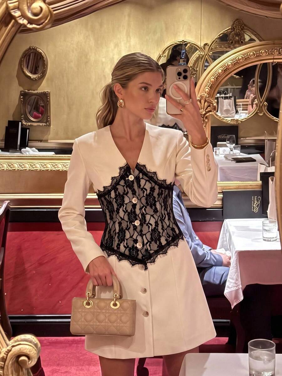 Enchnt Premium Pre-Fall Romantic Women's Elegant White Contrast Color Lace Blazer Dress,Casual Dress,Work Outfits,Formal Wear,Office Outfits For Women