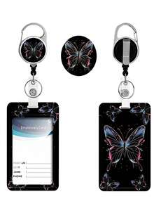 1 Set (Badge Clip + Card Holder) Gradient Butterfly Retractable Badge Reel With ID Card Holder, Black Vertical Badge Clip Protector Set For Nurse Teacher Office Student - multicolor - View 8