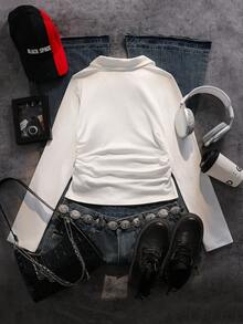 Teen Girl Fall Casual Polo Collar Letter Print Knit Slim Fit Autumn T-Shirt, Holiday, Comfortable - White - View 2