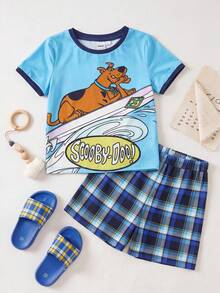 SCOOBY-DOO X SHEIN Young Boy Cartoon Print Contrast Trim Short Sleeve T-Shirt And Plaid Shorts Pajama Set, Summer - Blue - View 1