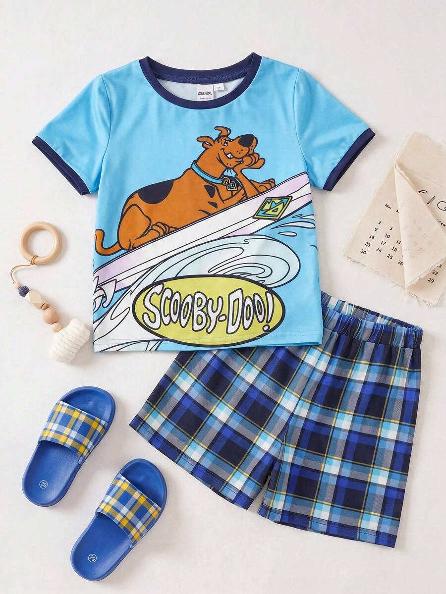 SCOOBY-DOO X SHEIN Young Boy Cartoon Print Contrast Trim Short Sleeve T-Shirt And Plaid Shorts Pajama Set, Summer - Blue - View 1