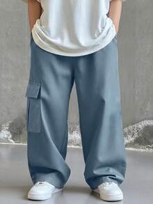 SHEIN Little Byeori 兒童青少年男孩休閒日常舒適工裝直筒寬鬆長褲，藍色工裝褲，新年，6-7歲適用，適合外出、約會、上學，春夏秋冬四季皆宜 - 藍色 - 查看 2