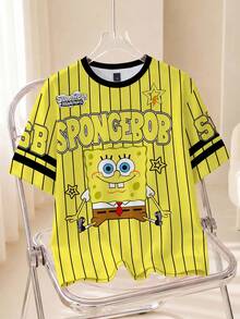 SpongeBob SquarePants | SHEIN 男士休闲条纹卡通图案撞色滚边圆领短袖T恤，夏季 - 白色 - 查看 1