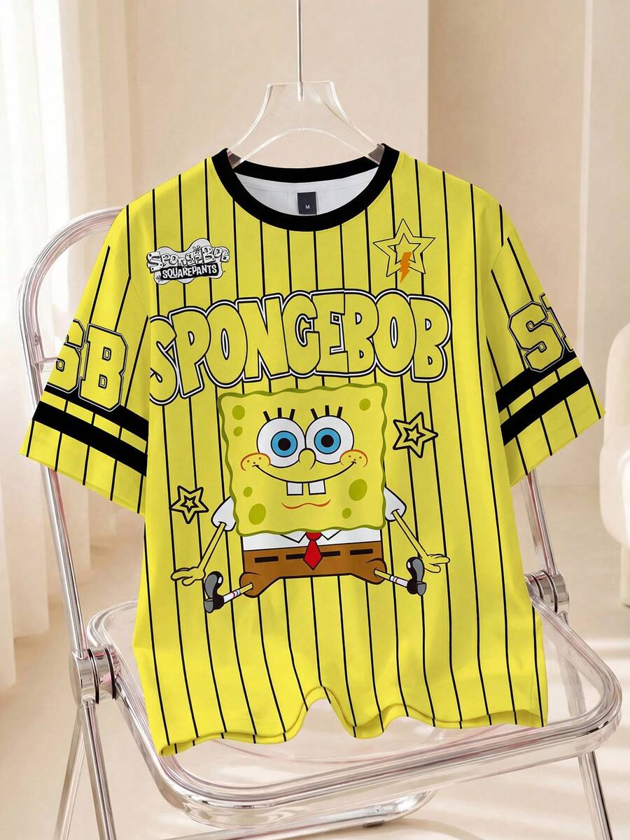 SpongeBob SquarePants | SHEIN 男士休闲条纹卡通图案撞色滚边圆领短袖T恤，夏季 - 白色 - 查看 1