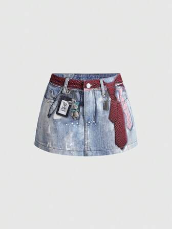 Y2K Falda vaquera de mujer de cintura baja con estampado y lazo en la cintura, estilo casual y divertido