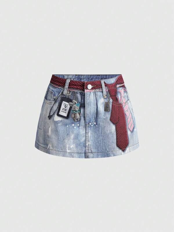 ROMWE Y2K Fun Casual Tie Waist Printed Low Waist Women's Denim Skirt