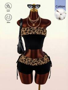 Amplova Women's Patchwork Black And White Leopard Print Print Cropped Tube Top Mini Shorts 2pcs Set Club Night Summer Sexy - Black - View 10