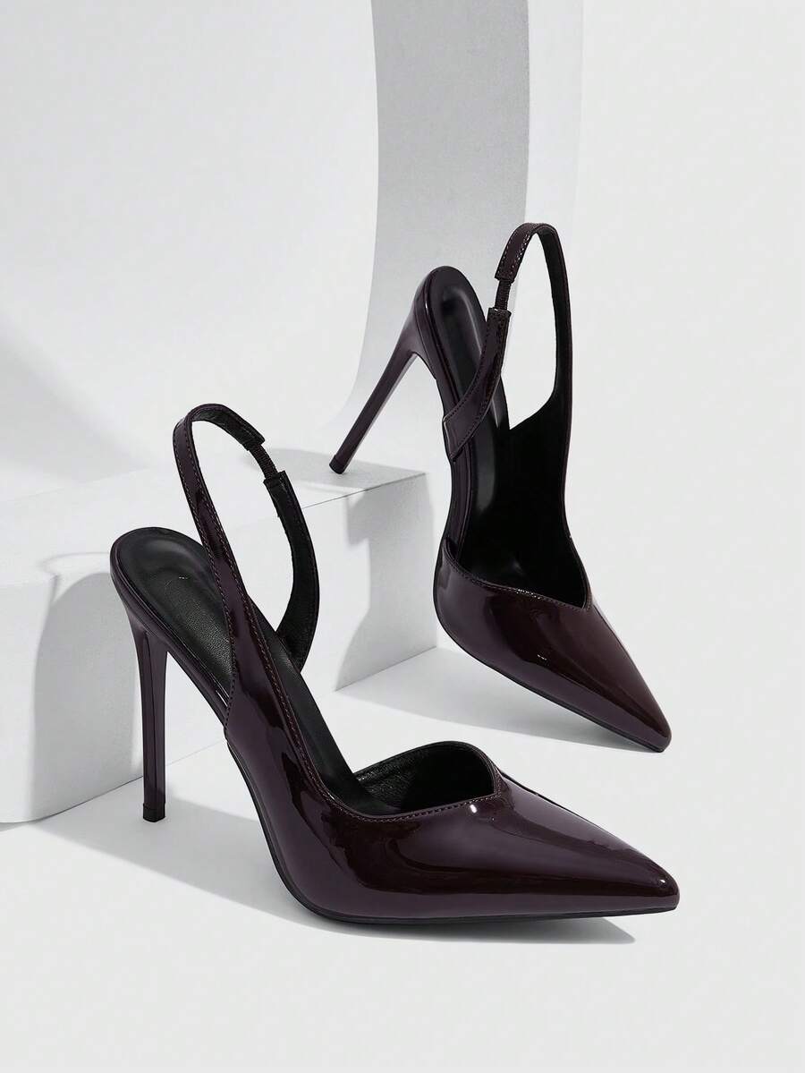 CUCCOO SZL 新款尖頭細高跟鞋,棕色後束帶,slingback 女款高跟鞋,時尚性感氣質,簡約設計,適合宴會、派對 - 鏡面咖啡171~! - 查看 1