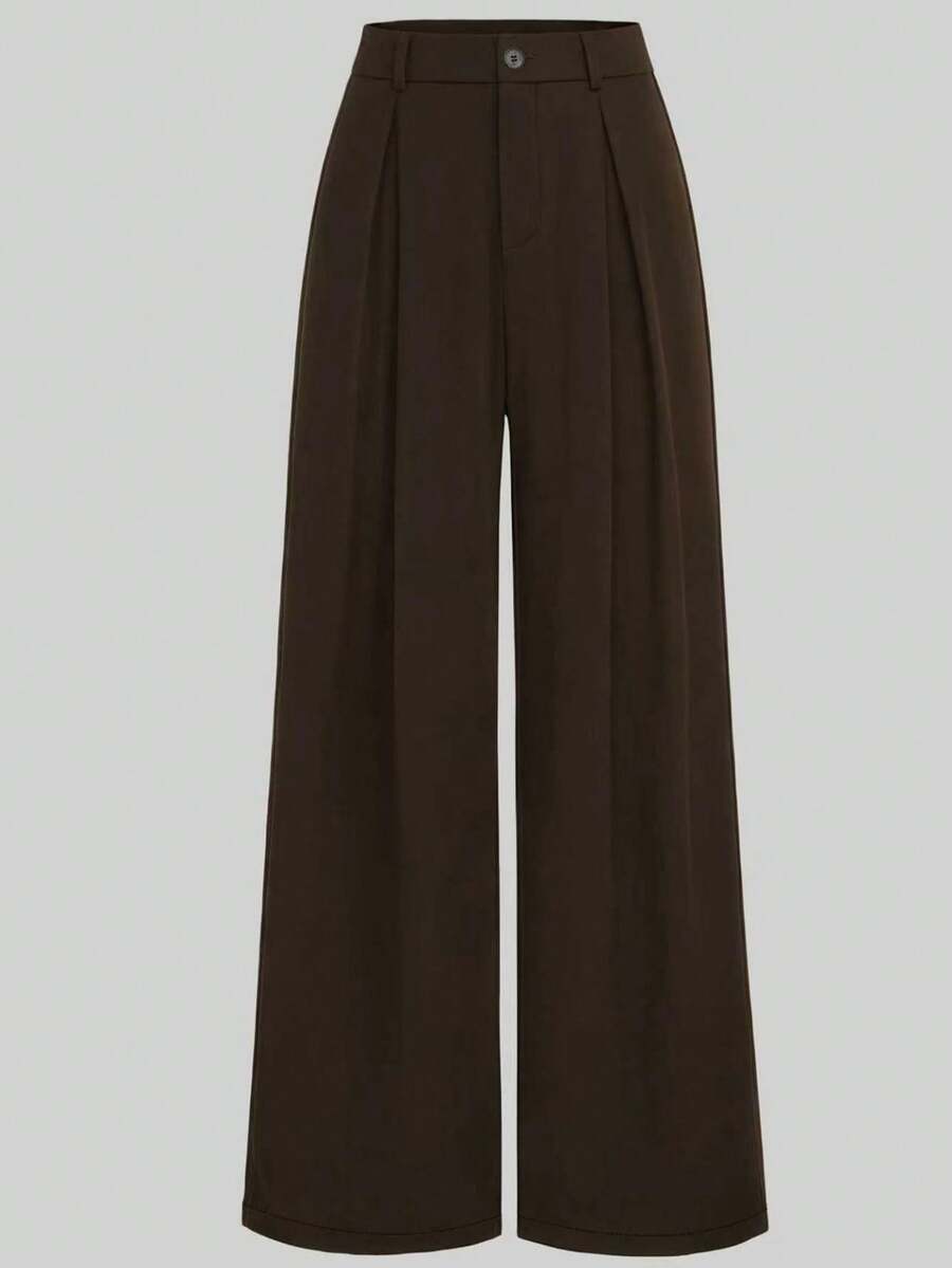EMERY ROSE Plus Size Letter Print Wide Leg Casual Office Pants Fall - Chocolate Brown - View 1