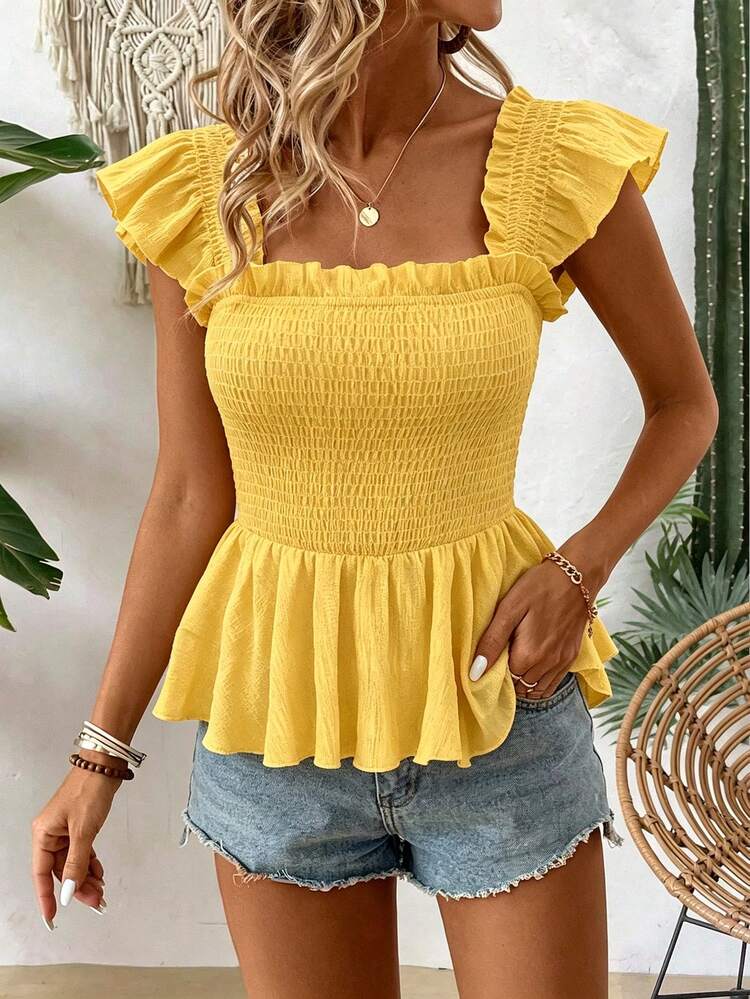 Flora Isola Flora Isola Blus Kasual Lucu Gaya Boho Warna Polos Lengan Pendek Bergelombang dengan Hem Berkerut, Sempurna untuk Liburan, Atasan Peplum Musim Panas Warna Kuning - Kuning - View 6