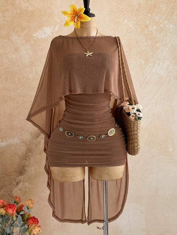 Soleia Nuevo Conjunto de 2 Piezas para Mujer: Top Sexy de Fiesta con Lentejuelas Doradas, Transparente, Hombro Asimétrico, Ajuste Holgado y Bajo Asimétrico & Vestido Mini Ajustado con Fruncido, Bohemio, Boho, Vacaciones, Vintage, Festivo, Playa, Crucero