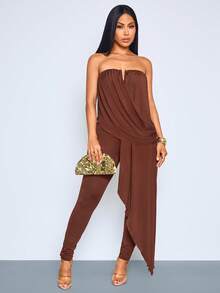 SOLERSUN Women's Casual Sexy Knitted Jumpsuit With V-Neck, Gathered And Ribbon Details, Suitable For Summer. Party Night Out Coffee Brown - Brown - View 6