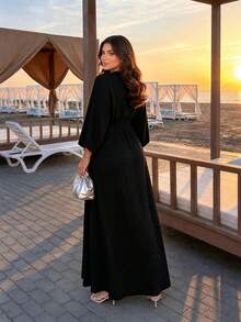SHEIN Lady CURVE Plus Size Women Solid Color Pleated Fitted Split Hem Dress Vacation Black Autumn Elegant Vacation Wedding Guest Fall - Black - View 2