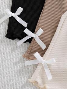 SHEIN Vintaside Kids 3件套女嬰夏季服飾 回校季 6個月-3歲 休閒極簡風 白色 黑色 棕色 羅紋紋理 蝴蝶結 波浪邊 鬆緊腰彈性短褲 舒適柔軟 通勤適宜 春夏出遊 禮物首選 - 彩色 - 查看 8
