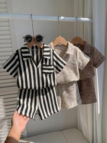 SHEIN 6件裝新生男嬰休閒舒適夏季針織條紋POLO衫與彈性腰短褲套裝，多色基本款POLO多件套組 - 彩色 - 查看 8