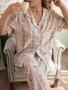 CottageSlumber Plus Size Bubble Crinkle Ditsy Floral Lapel Short Sleeve Long Pants Pajama Set Night Pink Floral Summer - Apricot - View 1