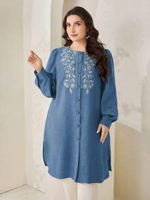 Veilorie Plus Size Elegant Fashion Embroidered Single-Breasted Shirt For Vacation And Dating - Blue - View 5